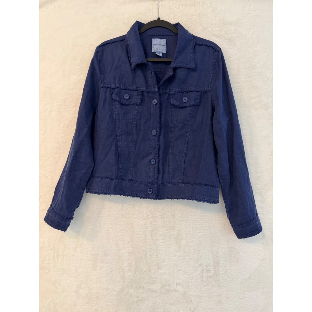 Tommy Bahama Linen Trucker Jacket Womens Large Navy Blue Raw Hem Fringe TW510640